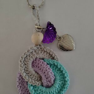 Porte clés/bijoux de sac trois cercles enlacés violet/bleu/gris